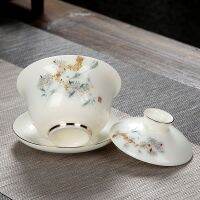 Gaiwan Tureen ชุดถ้วยน้ำชาเครื่องเคลือบหยกไขมันแกะชุดถ้วยชาเซรามิคทรินิตี้ชุดสีฟ้าและชาขาวของขวัญบ้านทางธุรกิจ