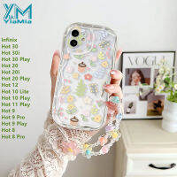 YiaMia เคสโทรศัพท์สำหรับหญิงสาวน่ารักแท้แฟชั่นสำหรับ Infinix ขายดี30/30i / 30 Play ขายดี20/20i / 20 Play 12 Hot 10 Lite ขายดี10 Play 11 Play ร้อน9/9 Pro / 9 Play ฝาครอบด้านหลังโปร่งแสง TPU แบบนิ่มพร้อมสายรัดข้อมือลายดอกไม้และต้นไม้ขนาด8/8 Pro