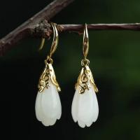 S925 Sterling Silver Earrings Inlaid Hetian Jade Magnolia Eardrops Ear Hooks Elegant Earrings for Women New Ancient Style Jade E