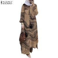 ✑ ZANZEA Women Musilm Casual Loose Printing Full Sleeve Party Blouse Elastic Waist Pants Sets