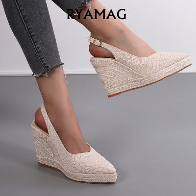 hot【DT】❀  RYAMAG Wedge Heel Thick Shoes Pointed Toe Sandals Womens Espadrilles Woven Hemp Rope