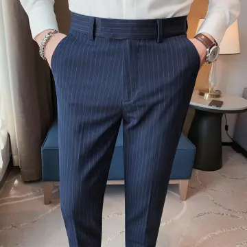 British Style Men High Waist Casual Dress Pant Men Belt Design Slim  Trousers Formal Office Social Wedding Party Dress Suit Pants