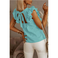 Ruffle Short Sleeve Backless Lace Up Women Blouse Solid Oversize O-neck Lady Blouses Summer Loose Casual Fashion