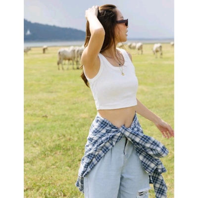 Dailybasic - เสื้อกล้ามสั้นสีพื้น เสื้อกล้ามครอป เสื้อแขนกุดคอยูสีพื้น Basic Crop top ผ้าร่องคอตตอนญี่ปุ่น 11 สี 4 Size