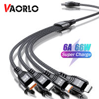 VAORLO สายชาร์จ USB 4 In 1,สายชาร์จไลท์นิ่งไมโคร USB 6A Type C สายชาร์จเร็วไนล่อน66W สำหรับ Samsung S20 Xiaomi Huawei OPPO