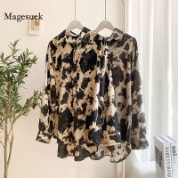 Spring New Animal Leopard Chiffon Shirts Korean Loose Lapel Blouse Plus Size 2021 Women y All-match Long Sleeve Tops 13059