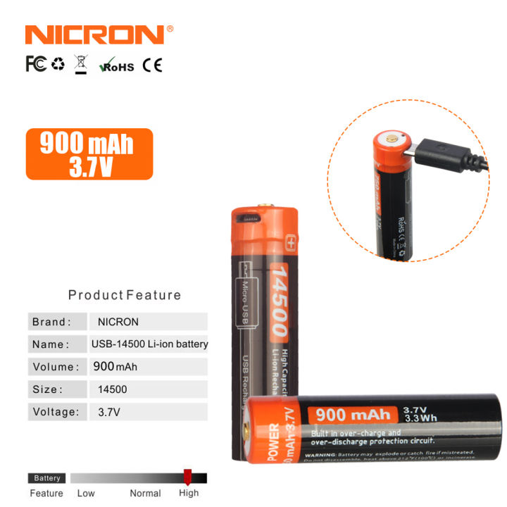 Nicron High Capacity 14500 Battery Usb 14500 Li Ion Battery 900mah37v