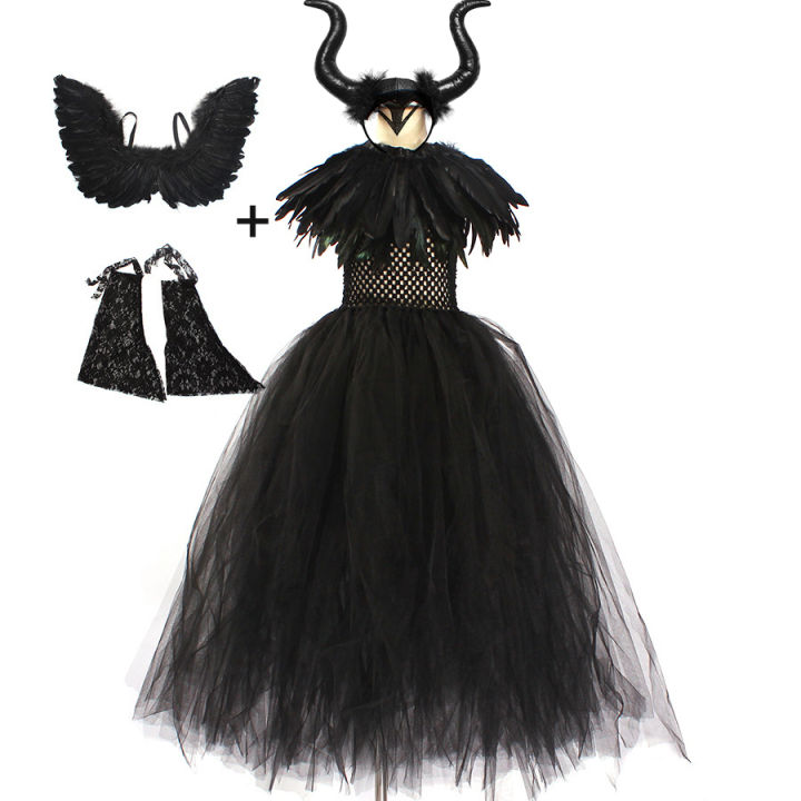 ฮาโลวีนเครื่องแต่งกาย-maleficent-tutu-ชุดสำหรับสาวคอสเพลย์-evil-queen-ตาข่ายสีดำชุดเจ้าหญิงเด็ก-crow-wand-maleficent