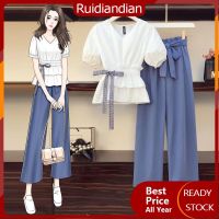 Ruidiandian M-4XL 100กก. ชุดเสื้อผ้าลำลองแฟชั่นสำหรับผู้หญิงคอวีไซส์ใหญ่พิเศษเสื้อแขนสั้นและกางเกงขาม้ายาวสำหรับฤดูร้อนของนักเรียน