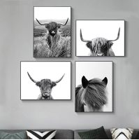 ♘﹍ สีดำและสีขาว Highland Cow พิมพ์ Farmhouse Decor Wall Art ภาพวาดผ้าใบสัตว์ขนาดใหญ่ห้องนั่งเล่นห้องนอนภาพ