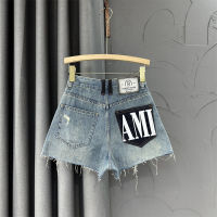 กางเกงขาสั้น Raw edge ripped denim shorts womens summer high waist a-line wide-leg pants