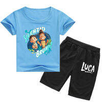 เสื้อยืดถักลายการ์ตูน Luca สำหรับเด็ก2023แฟชั่นผ้าคอตตอนกางเกงขาสั้นพิมพ์ลายใหม่ตั้งแขนสั้น0000