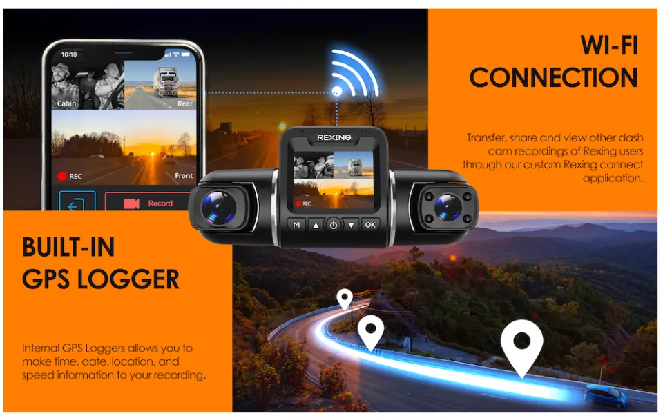 RexingUSA V2 PRO AI Dash Cam 3-Channel Front/Cabin/Rear 1080p