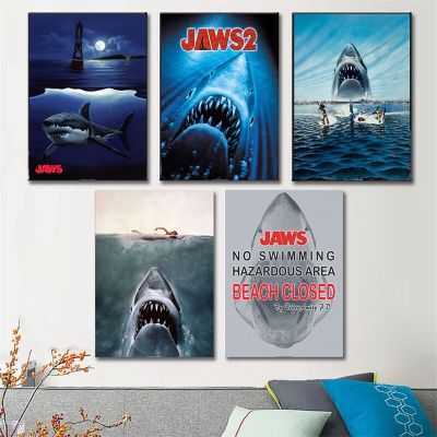 JAWS Art ภาพวาดผ้าใบผนังพิมพ์โปสเตอร์ Great White Shark ภาพยนตร์รูปภาพสำหรับห้องนั่งเล่นและห้องนอน Decor
