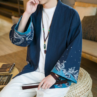 เสื้อพิมพ์ลายเสื้อผ้าซามูไรแบบดั้งเดิมของผู้ชายผ้าฝ้ายลินินแบบลำลองเสื้อคาร์ดิแกน Kimono ญี่ปุ่น5XL 4XL