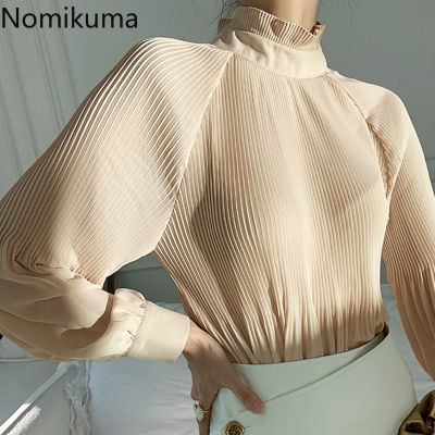 Nomikuma Korean Pleated Perspective Blouse Shirts Casual Ruffle Stand Neck Blusas Elegant Lantern Long Sleeve Pullover Top 6D763