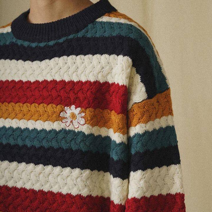 Sweater For Men Autumn Winter Vintage Stripe Sweater Pullover