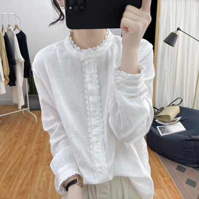 Shirt Womens Design Sense Niche High-End Long-Sleeved Shirt 2023 Spring New Lace Stitching Collar Top Womens Clothing