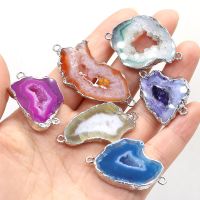 หินธรรมชาติรูปทรงไม่สม่ำเสมอ Druzy Agate ตัวเชื่อมต่อจี้ขอบเงินสำหรับสร้อยข้อมือทำ DIY 20x30-25x35mm