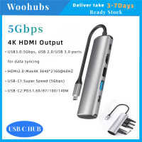 [COD]Woohubs ยี่ห้อ 140W PD 5-In-1ฮับ USB C แล็ปท็อปหัวแปลงสัญญาณ HDMI HDMI 4K 60Hz 5 Gbps/ 10Gbps USB3.0สำหรับ MacBook Pro iPad 16 Pro Galaxy