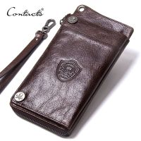 CONTACTS Mens Wallet Genuine Leather Clutch Man Walet Brand Luxury Male Purse Long Wallets Zip Coin Purse  6.5" Phone Pocket Wallets