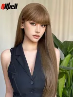 Synthetic Golden Brown Wigs with Bangs Long Straight Daily Natural Hair Wig for Women Party Wedding Wig High Temperature Fiber Wig  Hair Extensions Pa