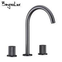 Bagnolux Brass Widespread Double Handle Three Hole Gunmetal Deck Mounted Hot And Cold Water Mixed Type Bathroom Basin Faucet