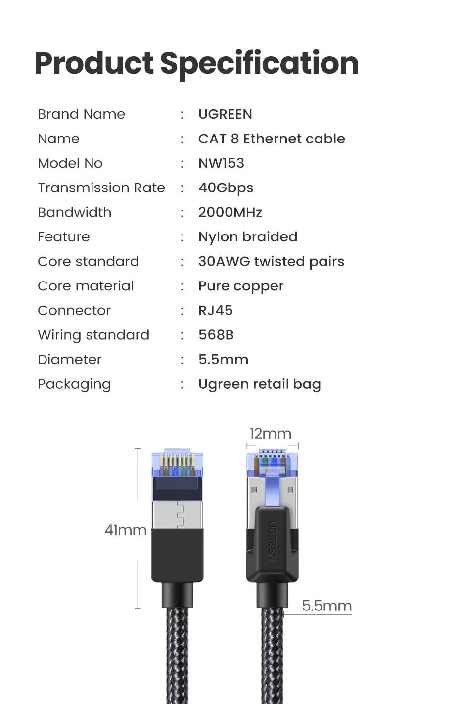 UGREEN Cat 8 Ethernet Cable  40Gbps 2000Mhz Internet Cable 