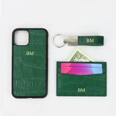 「Enjoy electronic」 Custom Name Gift Set Wallet Card Holder Keychain Car Genuine Leather Crocodile Pattern Mobile Phone Case For SAMSUNG All IPHONE