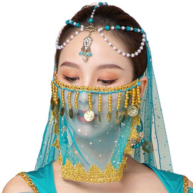 Women Belly Dance Tribal Face Veil Halloween Costume Accessory Beaded Masquerade Mask India