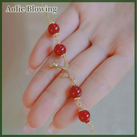 Aolie สร้อยข้อมือลูกปัดโมราสีแดงธรรมชาติดอกกุหลาบสีทองปรับได้เครื่องประดับผู้หญิงสไตล์อ่อนโยนของขวัญเครื่องประดับที่ดี