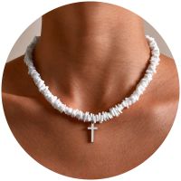 Hawaiian Style Puka Shell Seashell Choker Necklace Cross Pendant,Clavicle Necklace For Women Men Summer Beach Jewelry