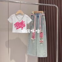 【Ready】? Girls autumn clothes new 2023 autumn childrens foreign style suit clothes childrens trendy style jeans two-piece suit