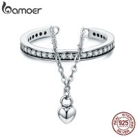 {Xixi Ornamoer} BAMOER 100 925เงินสเตอร์ลิงสายสร้อยรูปหัวใจ CZ แหวนสองชั้นสำหรับงานแต่งงานของผู้หญิงแหวนแบบปรับขนาดได้