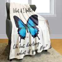 New Style Vintage Blue Butterflies Flannel Throw Blanket Cute Butterfly Pattern for Travel Sofa Bed Lightweight Warm Super Soft Blanket