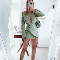 2021 New Summer Women y Green Slim ​Tow PiecessetCropped Blazers Short Skirt Suit Fashion Casual Chic Ladi Outfits Women Suit