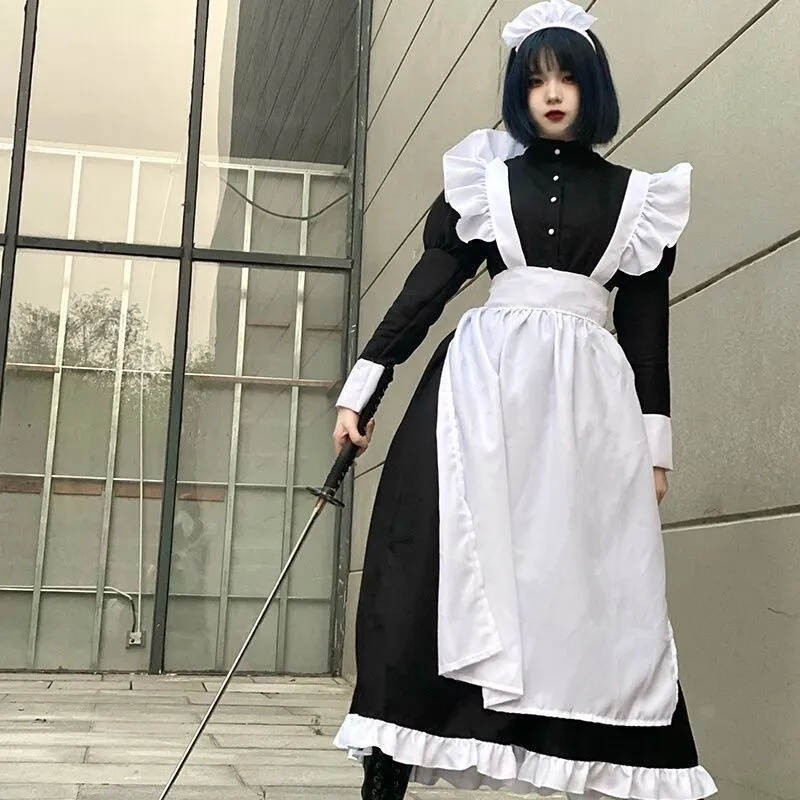 Original】 Women Maid Outfit Long Dress Apron Lolita Dresses Men Clothes  British Style Maid Uniform Anime Cosplay Unisex Cafe Costume XXXL |  