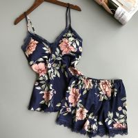 【LZ】☊  Camisolas sexy estampadas com flores femininas roupa de dormir conjunto pijama camisola e shorts casual verão