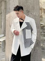 ZZOOI Coat Autumn Men Plaid Stitched Korean Fashion Personalized Suit Collar Jacket Long Sleeve Male Tops 2A5296