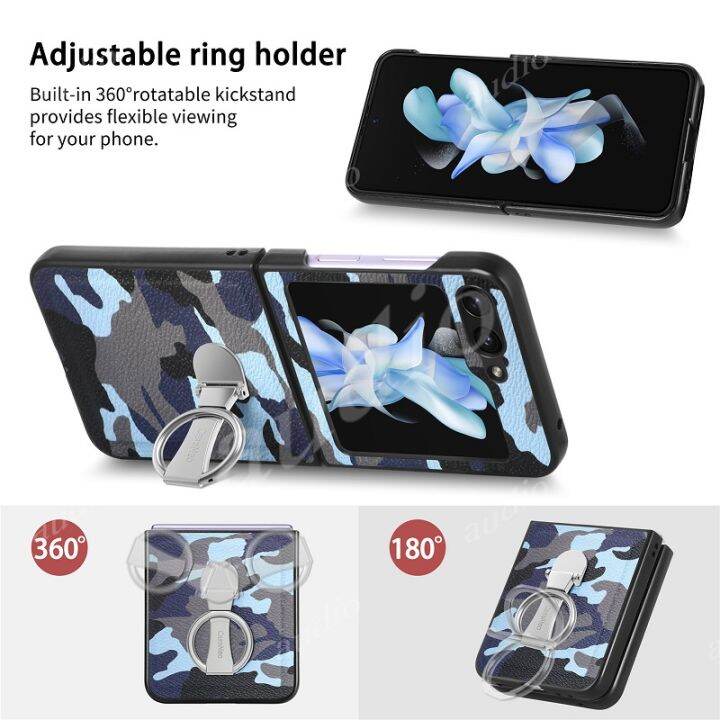 ฝาปิดมีที่ยึดป้องกันการตกสำหรับ-samsung-galaxy-z-flip-5-flip5-5g-2023แหวนพรางตาแฟชั่นหรูหราหนังนิ่ม