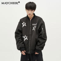 MAYCHEER   แจ็คเก็ตปักลายตัวอักษรดาวแฟชั่นแบบเสื้อคลุมตัวใหญ่ลำลองของผู้ชาย