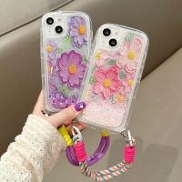 Suitable For Oil Painting Flowing Glitter Flower Phone Case With hand rope for iPhone 14 Pro Max 11 12 13 Liquid Flow Back Cover