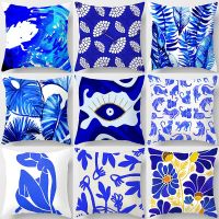 Room Decor Pillow Cover Nordic Style Blues Leaf Flowers Oil Painting Throw Pillowcase Bedroom Home Decor Sofa Car Cushion Cover