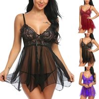 ZZOOI Lace Sleeveless Babydoll V-neck Nightdress Pajamas Sexy Lingerie Ladies Silk Evening Dress Plus Size Underwear Thong Set