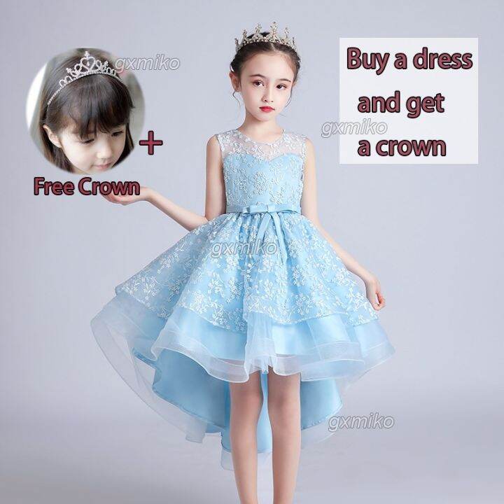 314Y Blue Princess Dress for Kids Girl Trailing Skirt Dress Formal