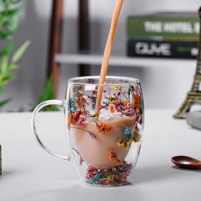 1 Piece Lovely Gift Creative Double Wall Glass Mug Cup with Dry Flower Sea Snail Conchs Glitters Fillings for Coffee Juice Milk