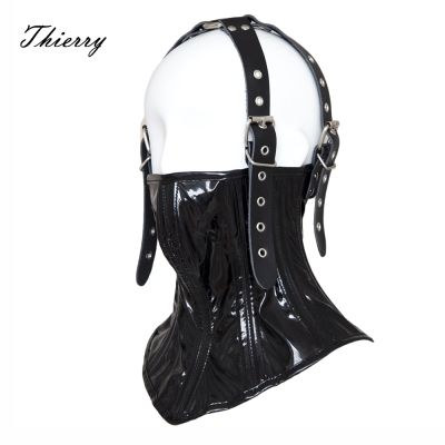 Thierry PU Leather Harness Mask Posture Collar with Adjustable Belt Muzzle Erotic Toys Cosplay SM Bondage Restraint