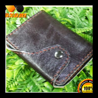 Cowhide Leather กระเป๋าสตางค์ 2 พับสั้น หนังแท้ของแท้ แบบมีหูมาปิดกระเป๋าด้านหน้า สีน้ำตาลเข็ม