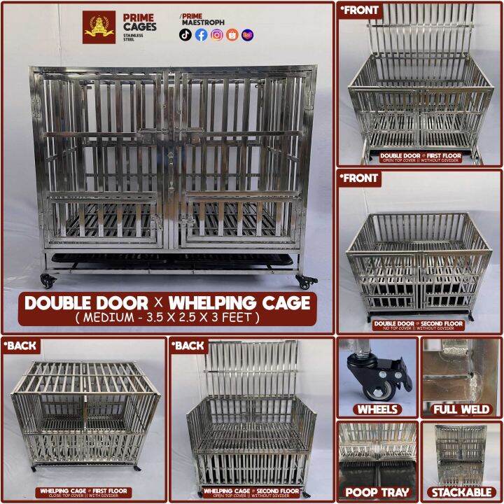 [MEDIUM] PRIME FOLDABLE Stainless Double Door Dog Cage Stainless Whelping Crib Type Stainless