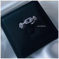 ✨iam Silver925 แหวนเงินแท้ชุบทองคำขาว/รูปแบบโซ่ฝังเพชรCubic Zirconiaรอบวง